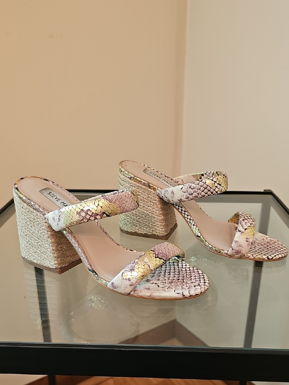 Steve Madden Pastel Snake-Print Block Heel Sandals - Multi Floral Tones